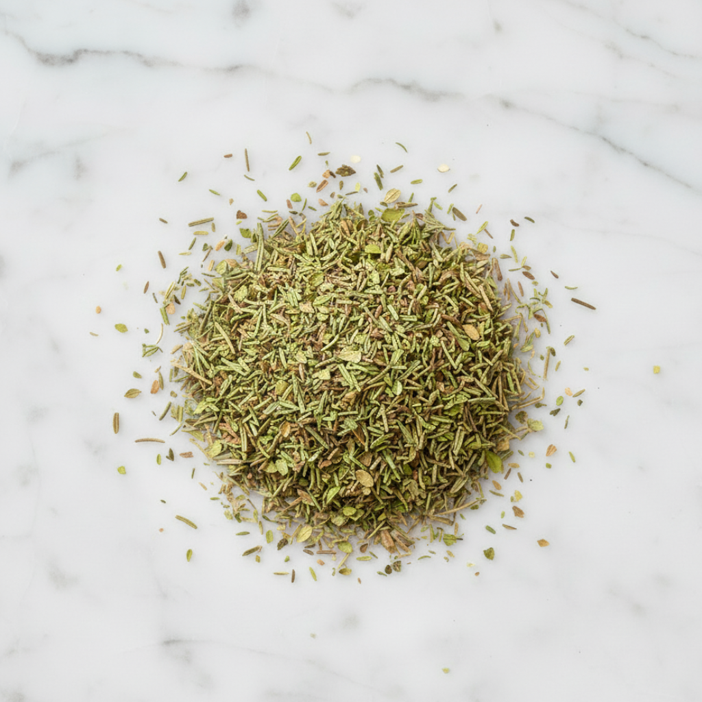 High-Quality Artisanal Herbes de Provence Blend by Maison Gabrielle, Featuring Dried Rosemary, Thyme, Basil, Oregano and Majoram Piled on a White Marble Surface to Showcase Freshness and Texture