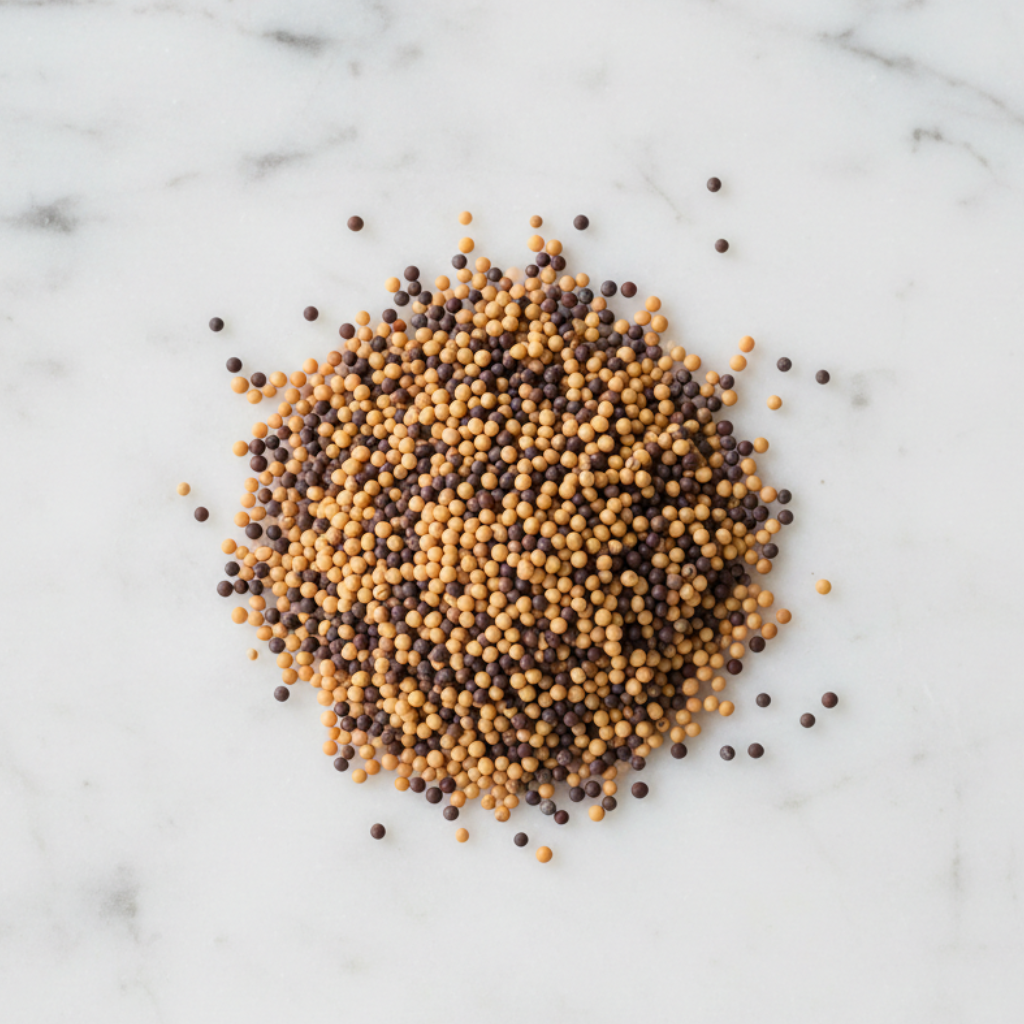 Artisanal Blend of Whole Yellow and Black Mustard Seeds by Maison Gabrielle, Professionally Arranged on a White Marble Surface to Highlight Quality and Color Contrast