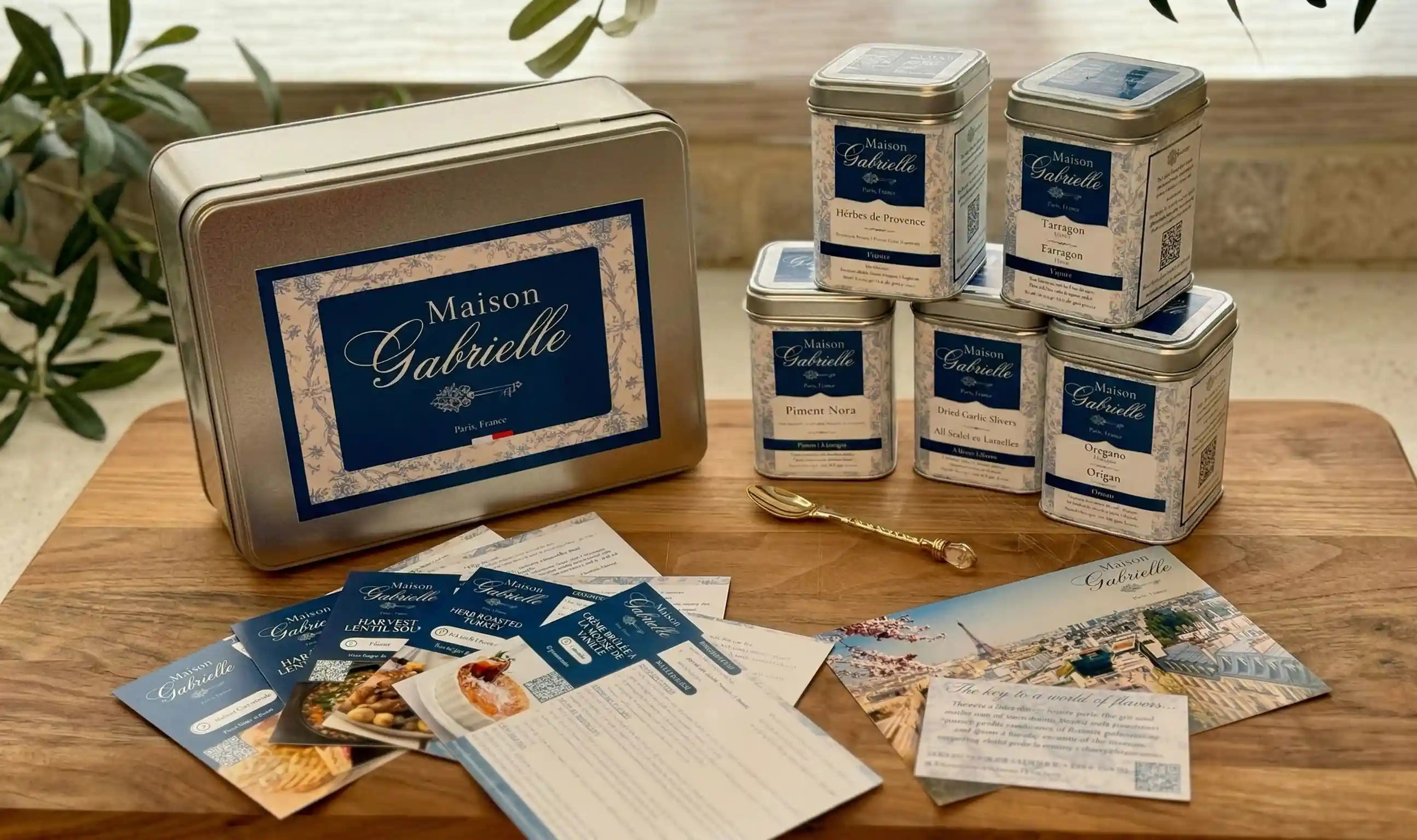 Maison Gabrielle Seasonal Spice Box Subscription Set Featuring a Large Metallic Gift Tin, Individual Tins of Herbes de Provence, Tarragon, and Oregano, with Illustrated Recipe Cards and a Gold Spoon on a Wooden Countertop