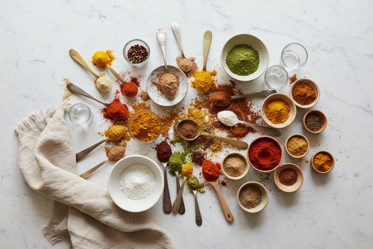 Maison Gabrielle Vibrant Collection of Ground Spices and Seasonings Including Turmeric, Paprika, and Matcha Arranged in Bowls and Vintage Spoons on a White Marble Surface with a Linen Cloth