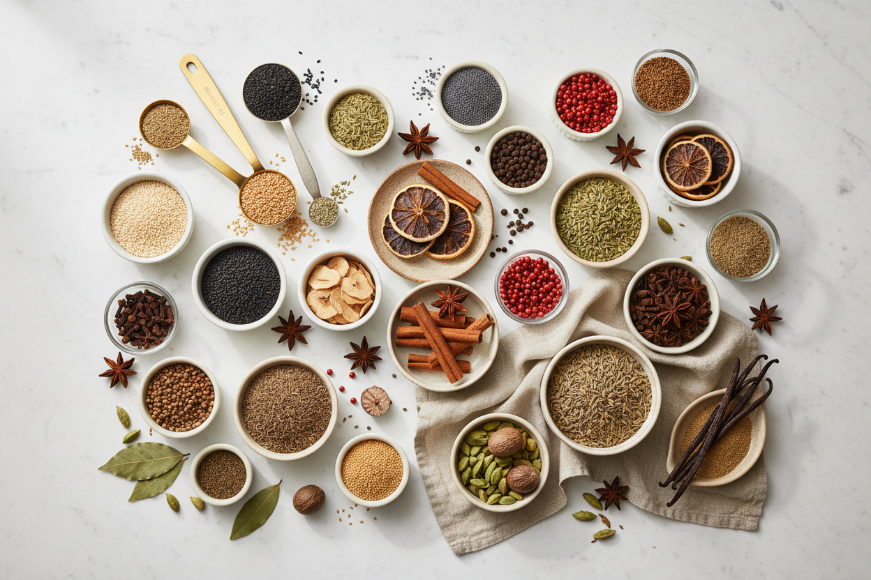 Maison Gabrielle Premium Whole Spices and Seeds Assortment Including Cinnamon Sticks, Star Anise, Cardamom, Peppercorns, and Dried Lemon on a White Marble Background